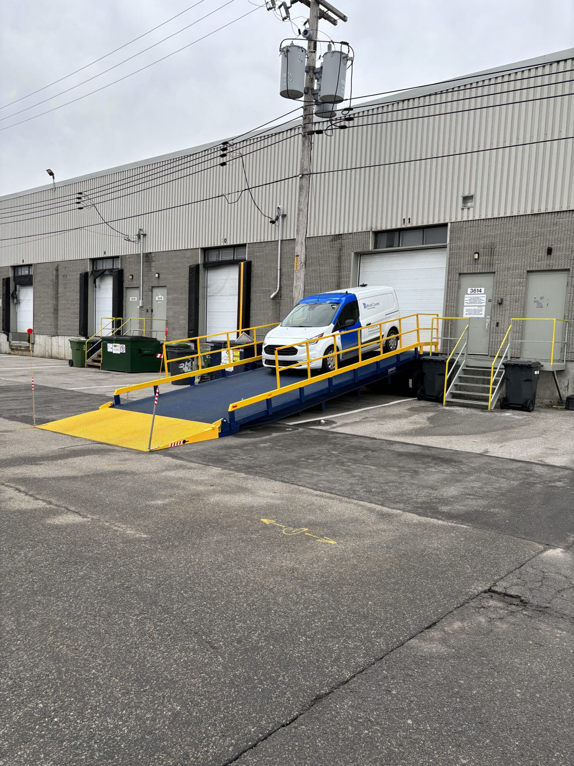 sprinter van loading on a ground to dock loading ramp